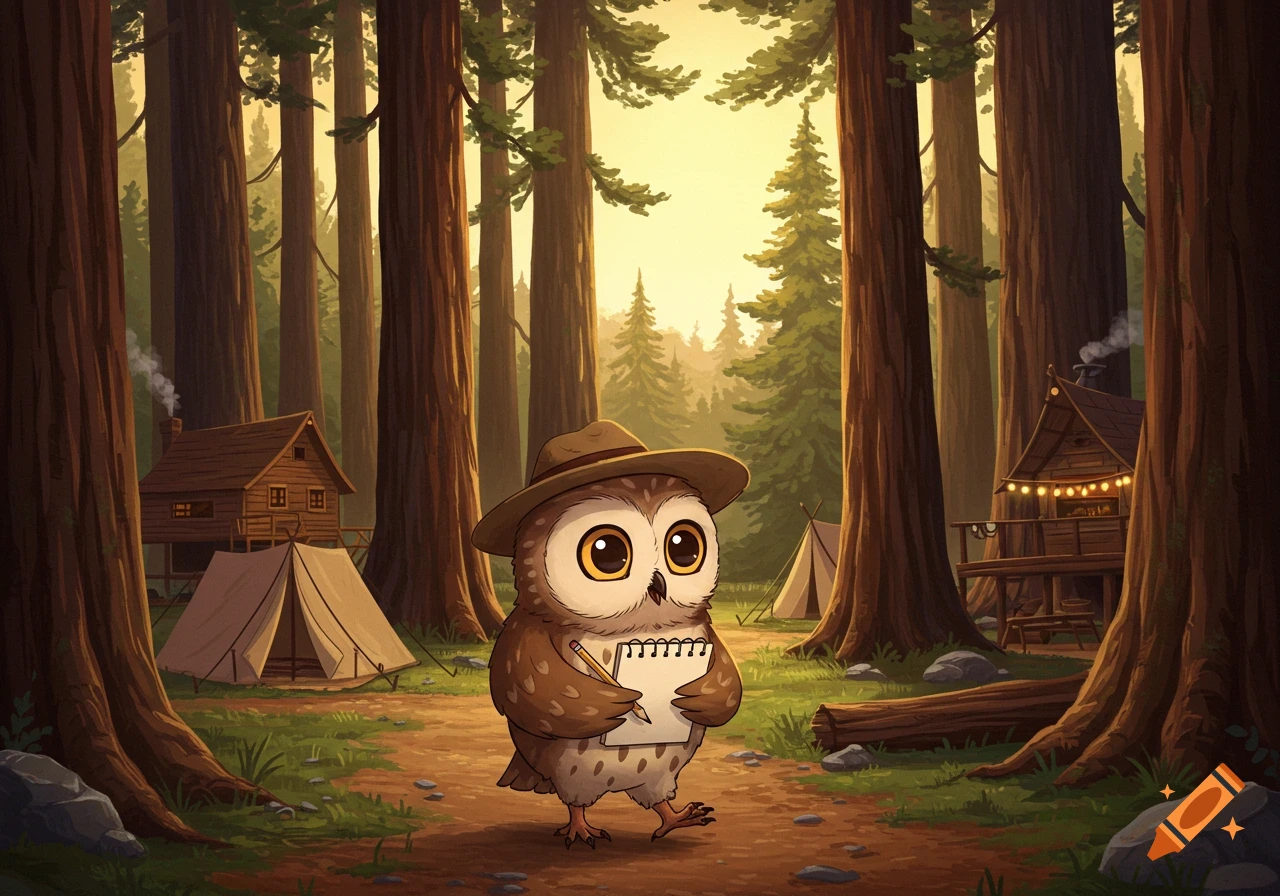 A cartoon owl wearing a hat walks through a forest, holding a notepad and pencil, with tents and cabins in the background.