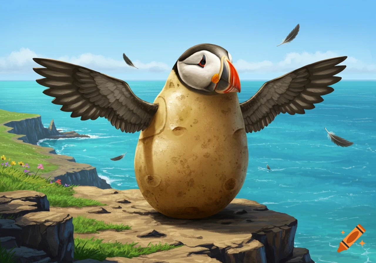 An illustrated potato-puffin hybrid with spread wings stands on a grassy cliff overlooking a blue ocean.