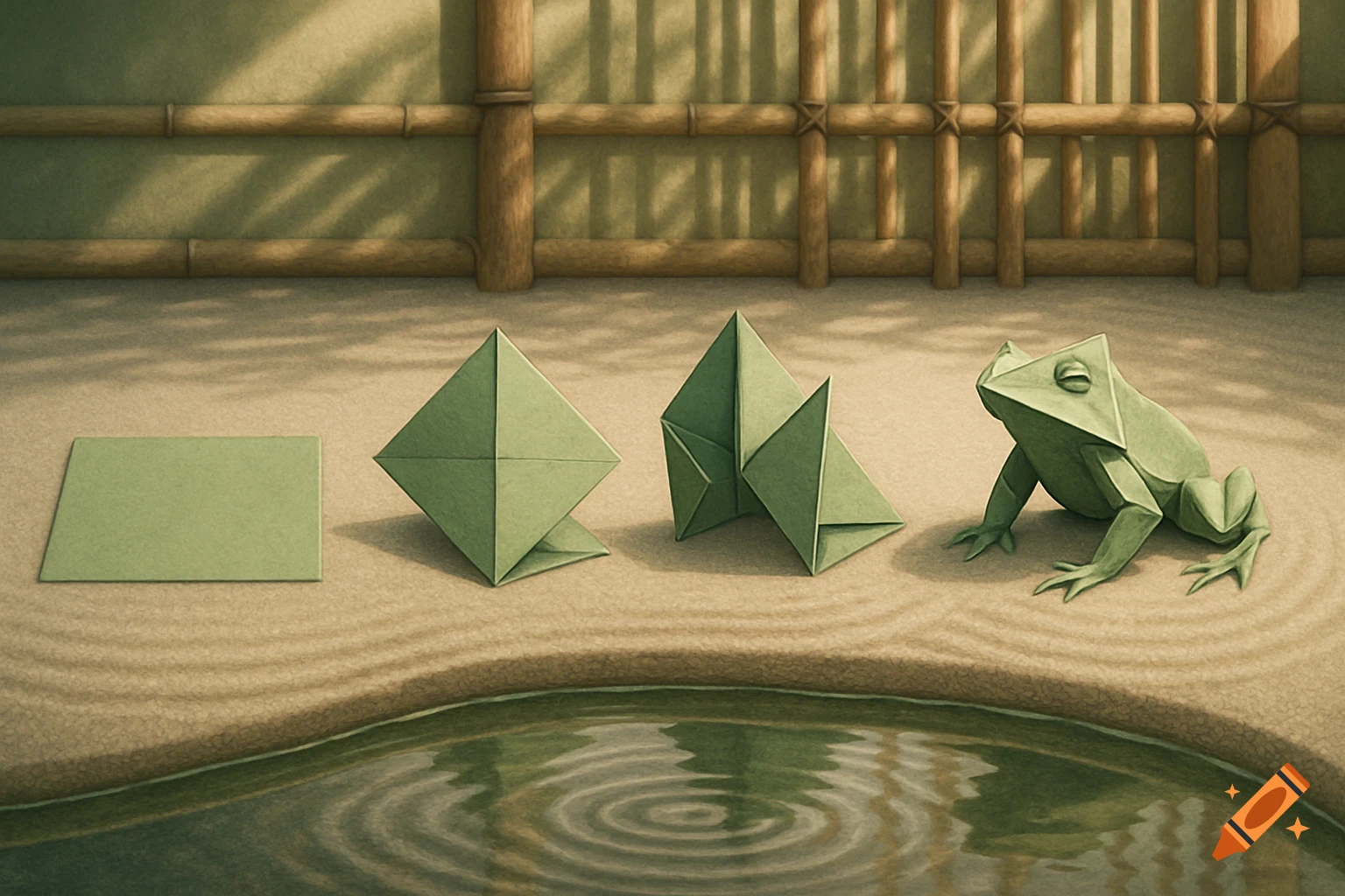 Four stages of green origami paper being folded into a frog, set in a peaceful zen garden with a pond and bamboo fence.