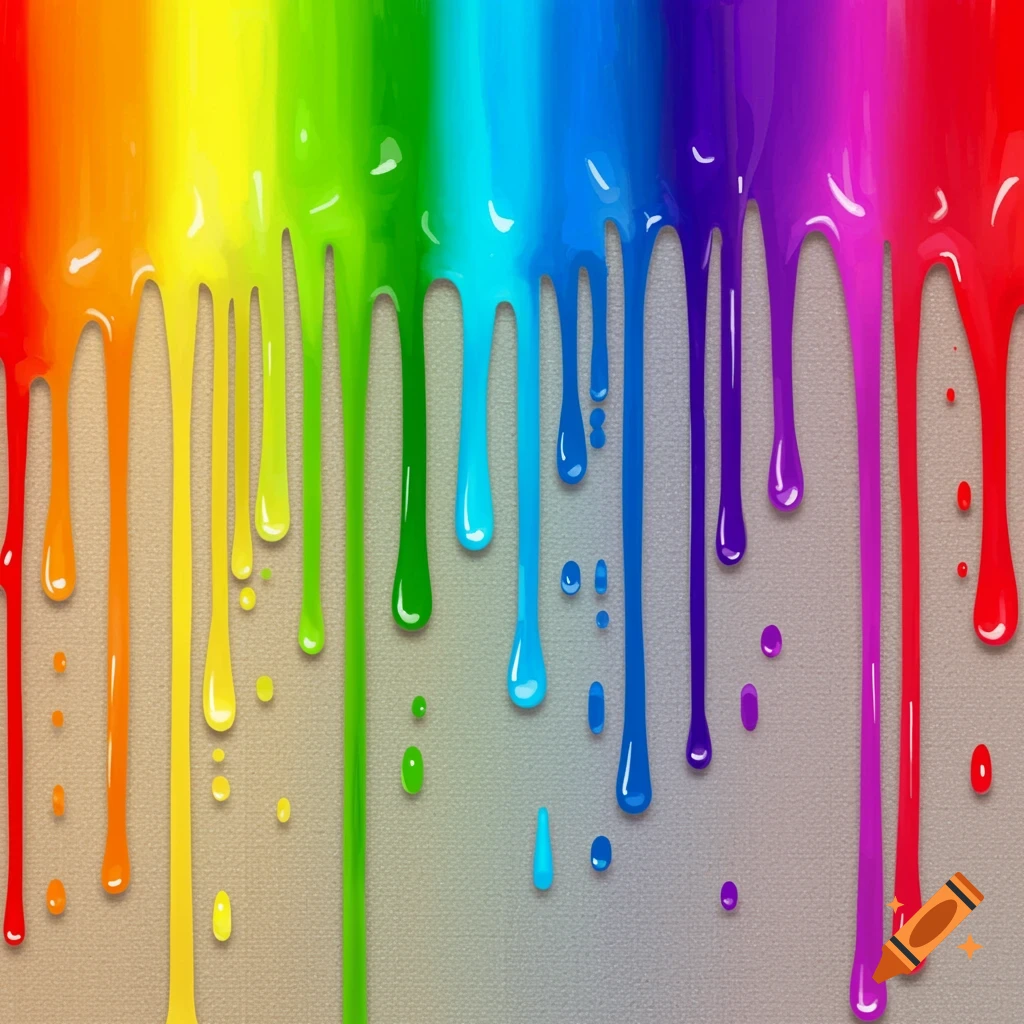 Vibrant rainbow-colored paint drips down a textured wall, forming rivulets and droplets.