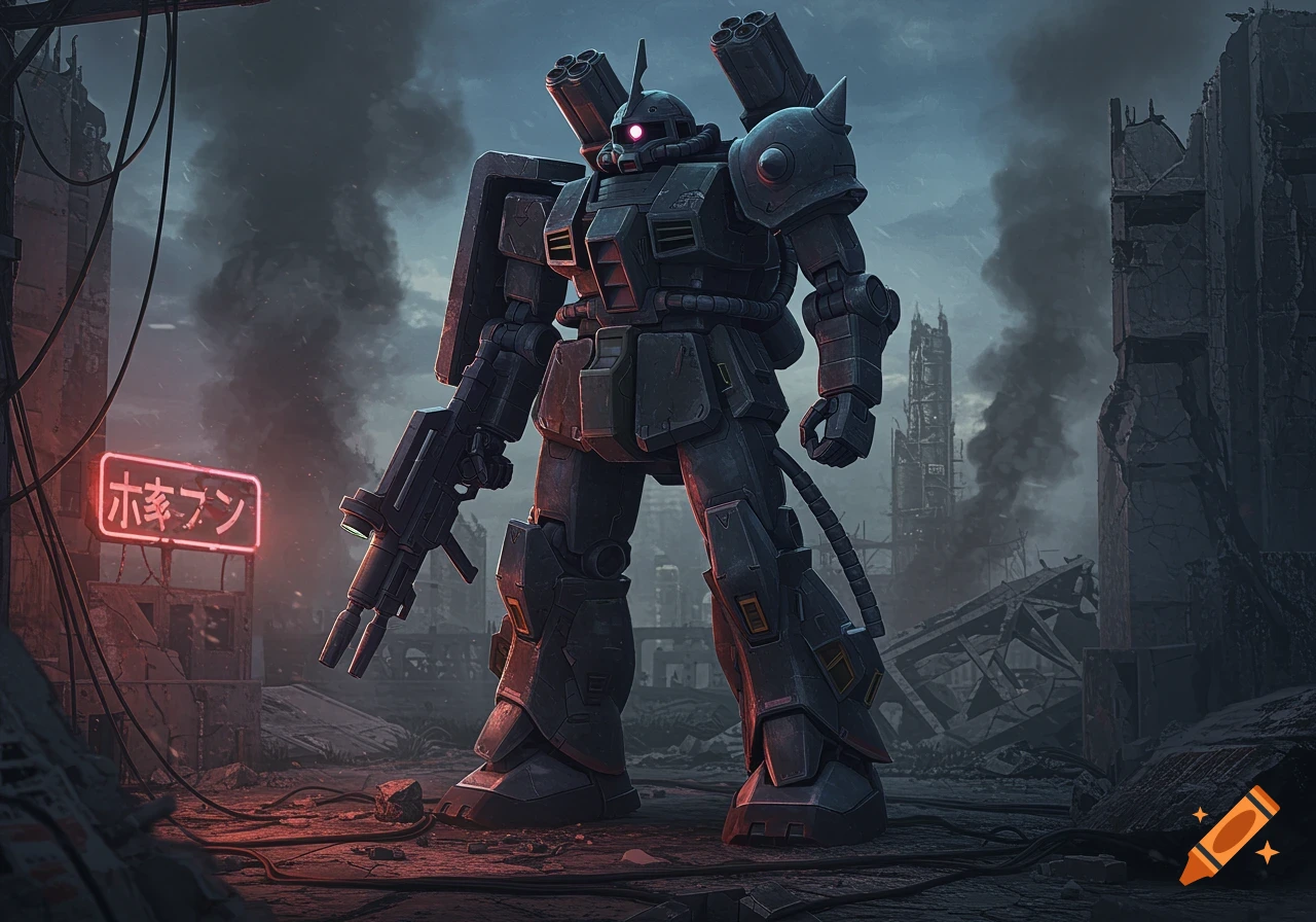 Heavily armed Zaku mobile suit in a ruined city with a glowing neon sign under a dark, smoky sky.