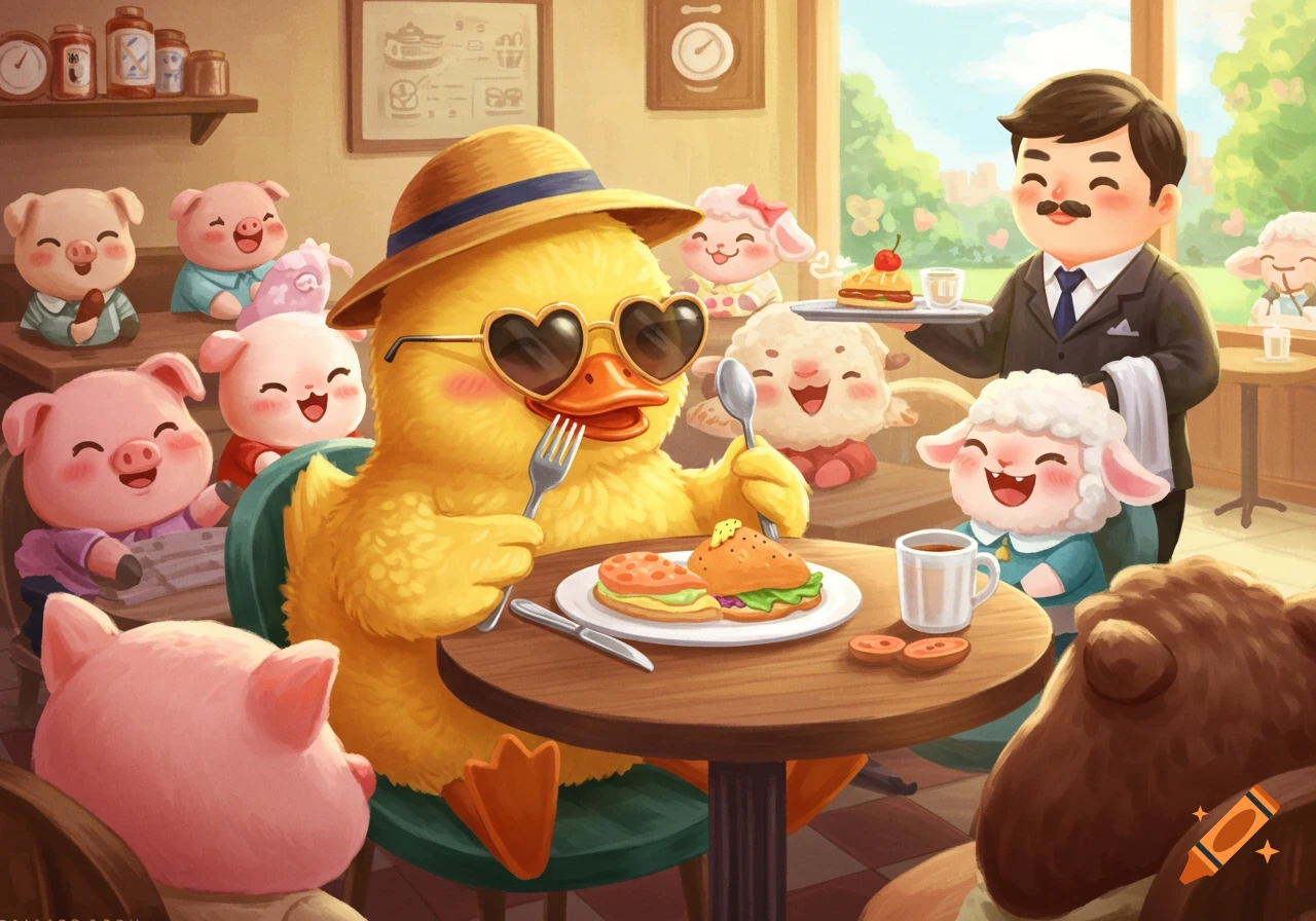 A stylish duck in a hat and heart sunglasses dines at a kawaii restaurant with cute pig and sheep customers, served by a smiling waiter.