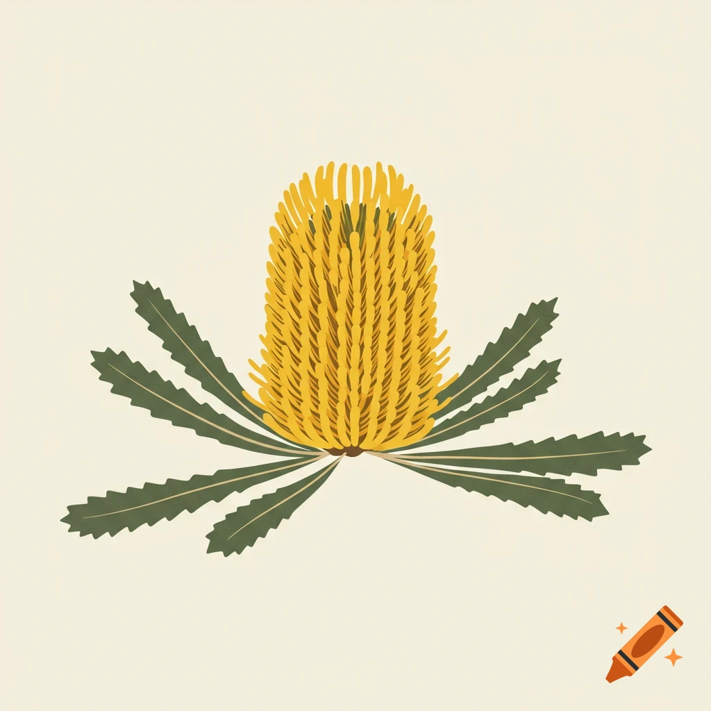A simply stylized yellow banksia flower with green leaves on a light background.