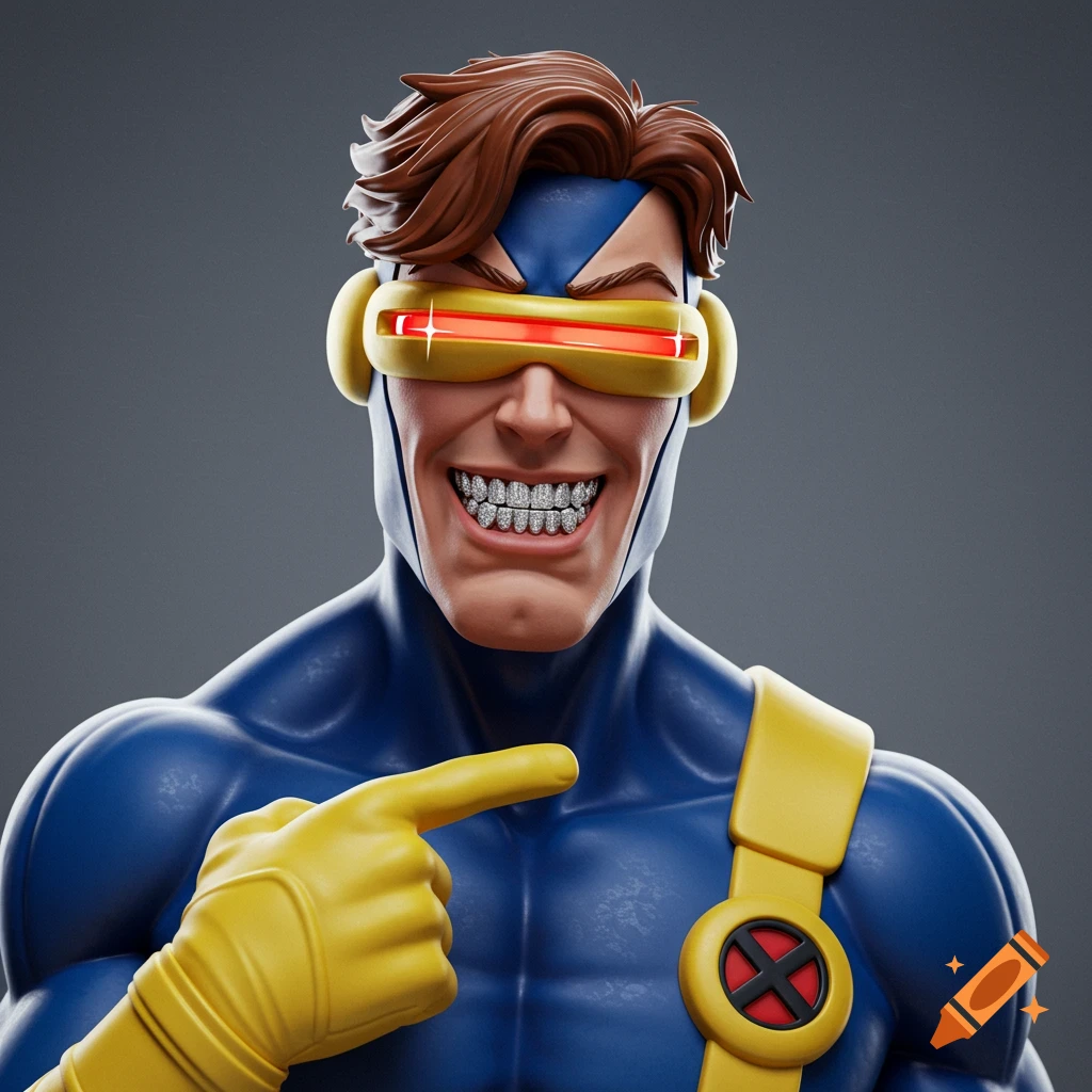 A 3D render of Cyclops from X-Men '97 with a wide smile, showing off his diamond grills, as he points towards his mouth with his index finger. He wears his classic blue and yellow superhero suit and visor.