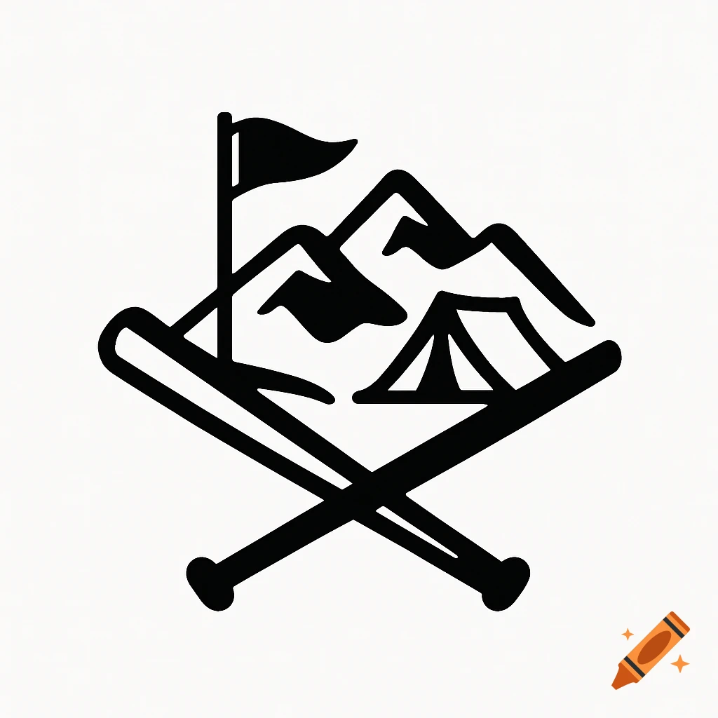 A black and white logo with two crossed baseball bats, mountains, a camping tent, and a flag.