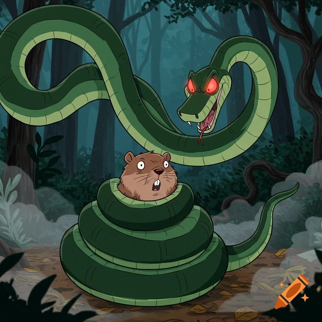 A cartoon python with glowing red eyes coils around a frightened ...