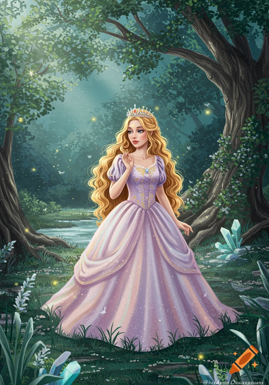 An illustrated blonde princess in a flowing lavender gown and crown stands in a magical forest with glowing fireflies and blue crystals.