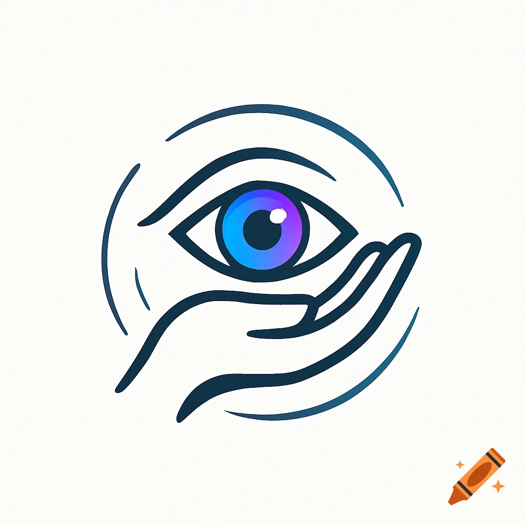 A stylized logo featuring a hand cupping a vibrant blue and purple eye within a dark blue circular outline.
