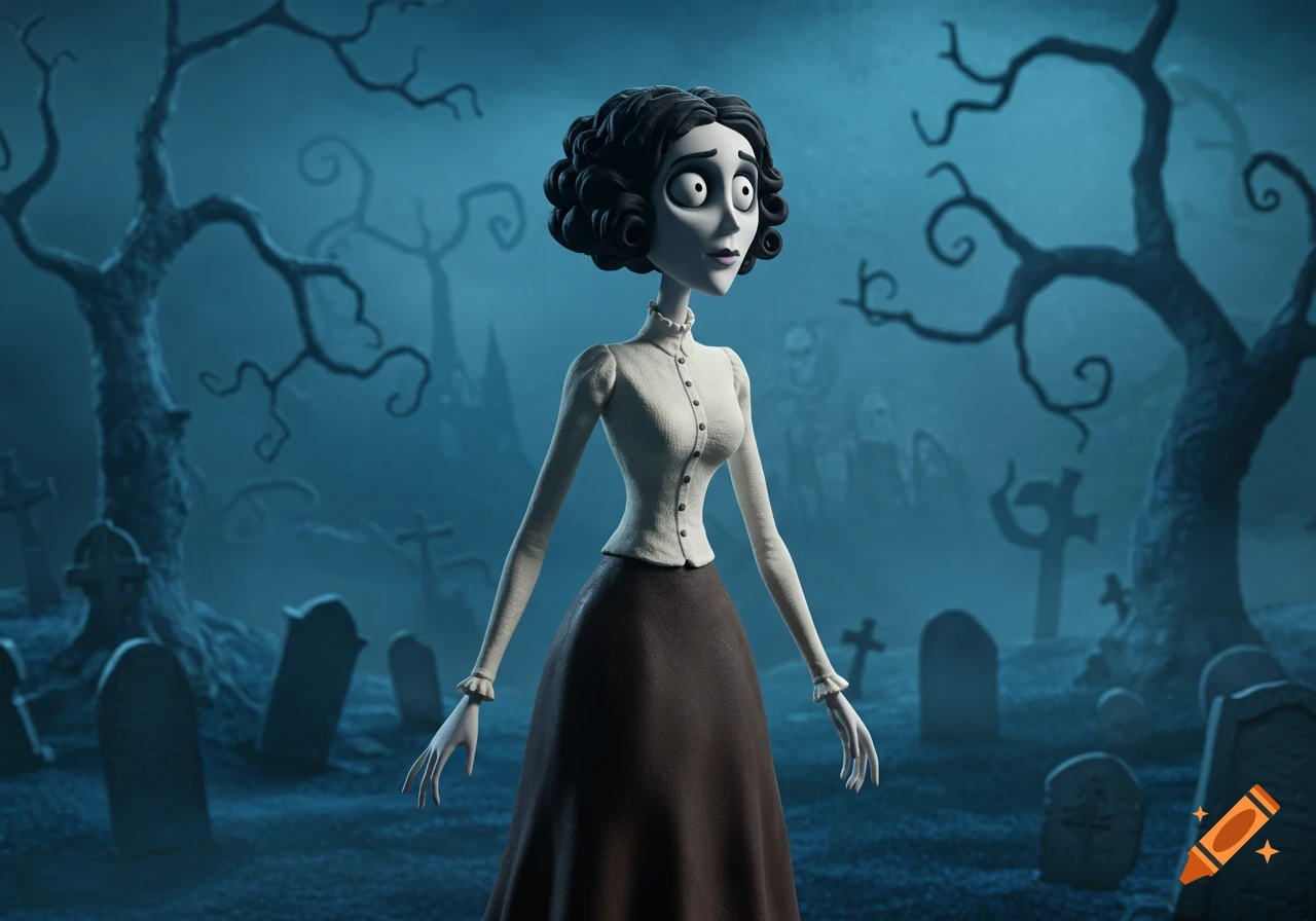 A Tim Burton-inspired claymation ghost character with black curly hair and a Victorian outfit stands in a foggy graveyard at night.