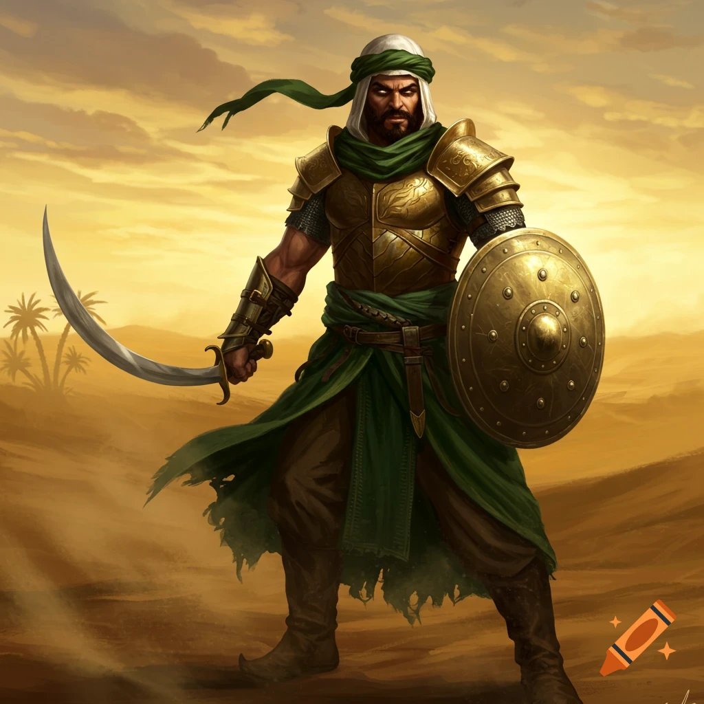 An Arabian warrior in golden armor and green robes, holding a scimitar and shield in a desert.