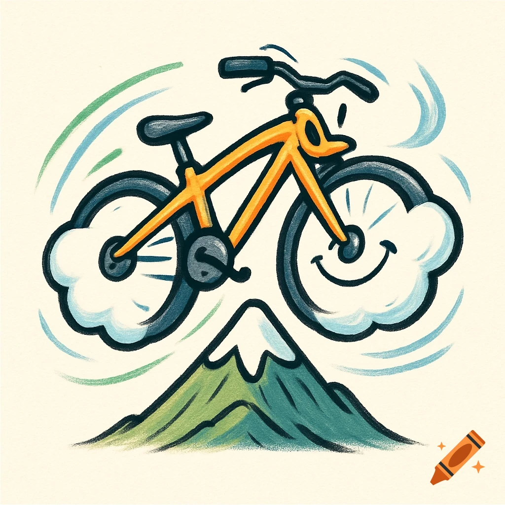 A cartoon illustration of a yellow bicycle with smiling cloud wheels jumping over a green mountain.