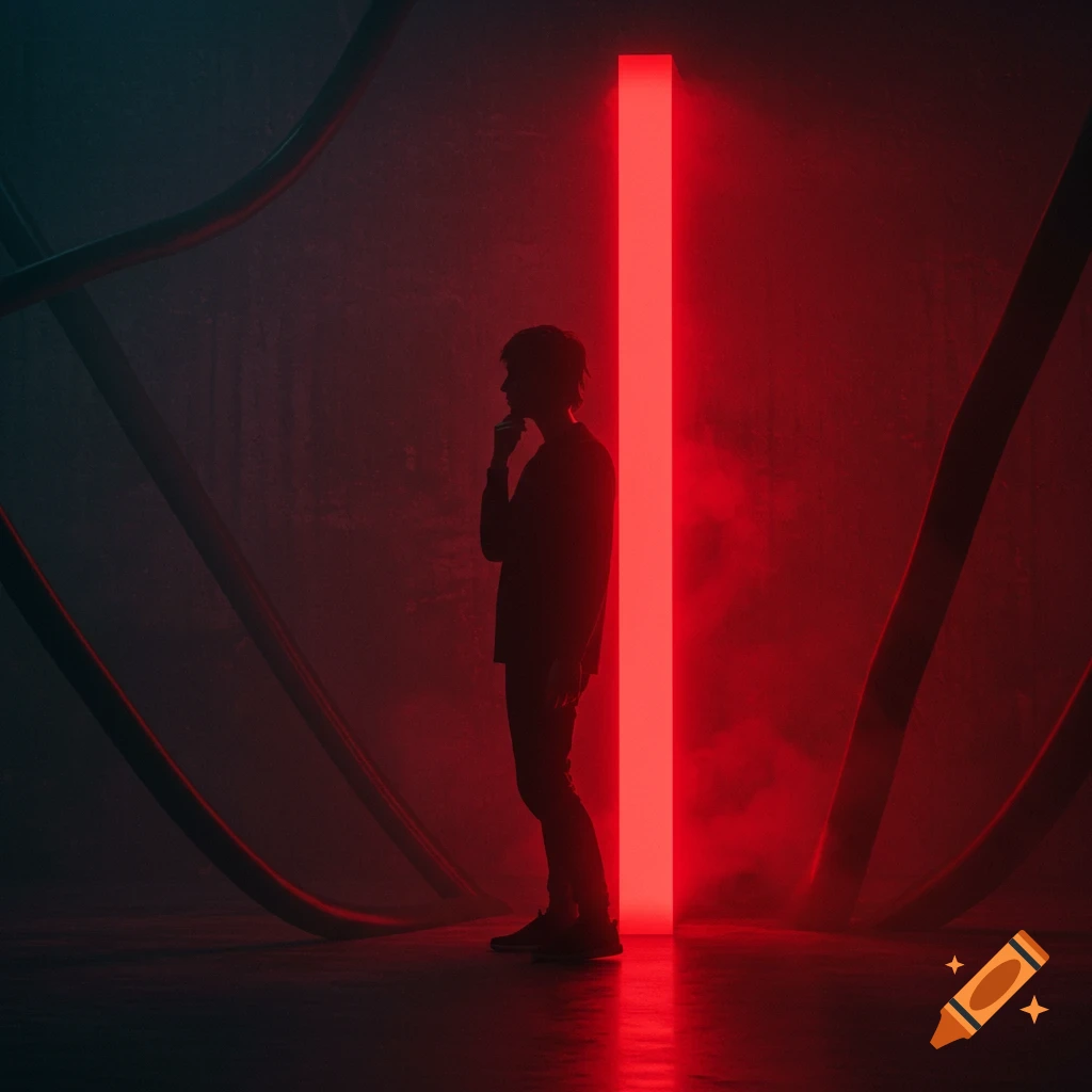A silhouetted person stands in profile, contemplating next to a tall, vertical red light panel in a dark, atmospheric room with pipes.