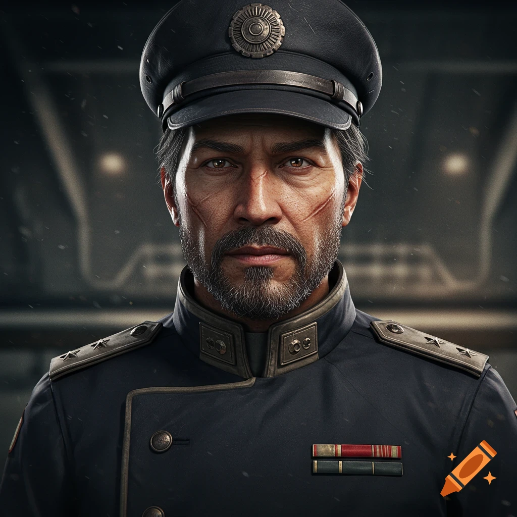 Hyperrealistic portrait of a rugged military officer with a beard and scars wearing a uniform and cap, looking intensely forward.