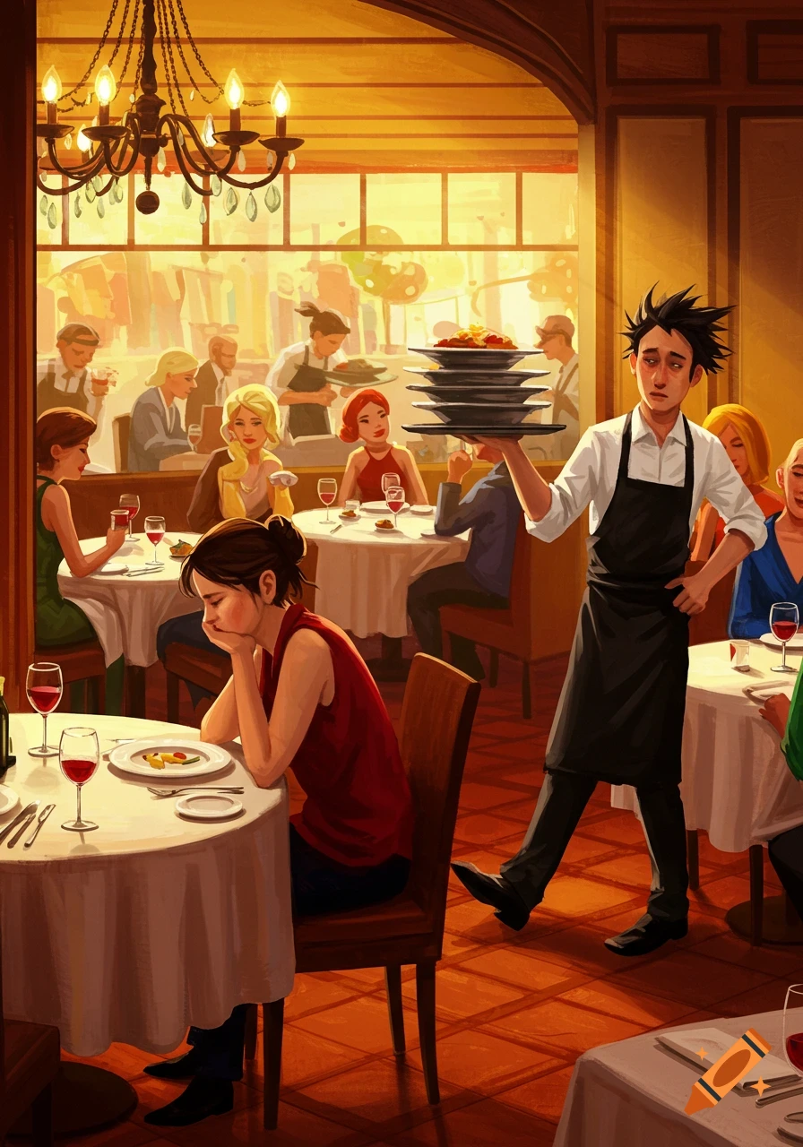A stylized illustration of a busy restaurant with a tired waiter carrying many plates and a sad woman dining alone.