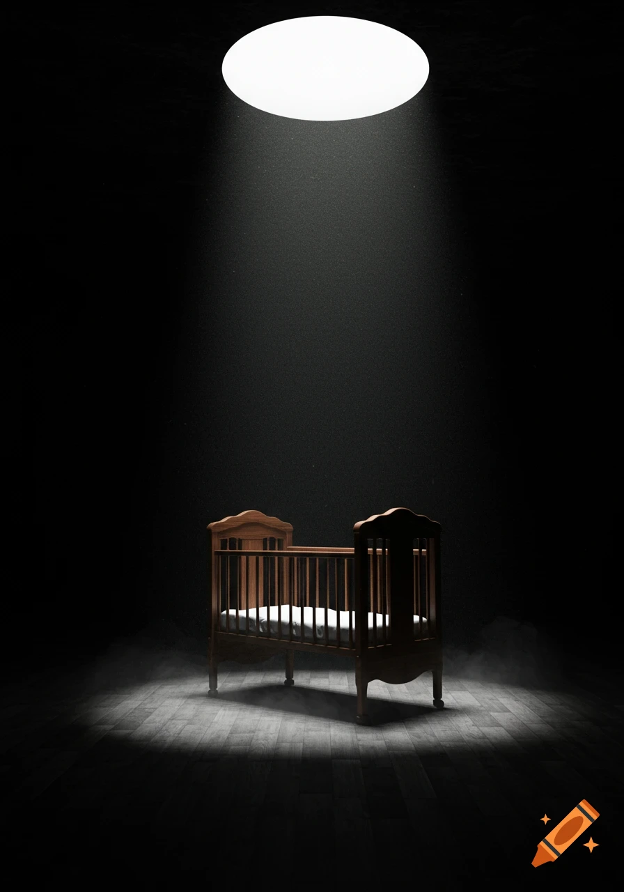 A wooden baby crib stands under a bright spotlight in the center of a dark, empty room with a wooden floor.