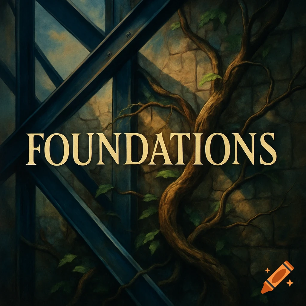 An album cover titled 'FOUNDATIONS' featuring golden text on a dark background of metal beams and a stone wall with green vines.