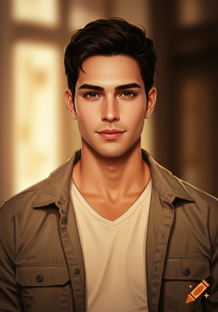 A realistic digital portrait of a handsome man with dark hair and brown eyes, wearing a simple shirt and jacket.