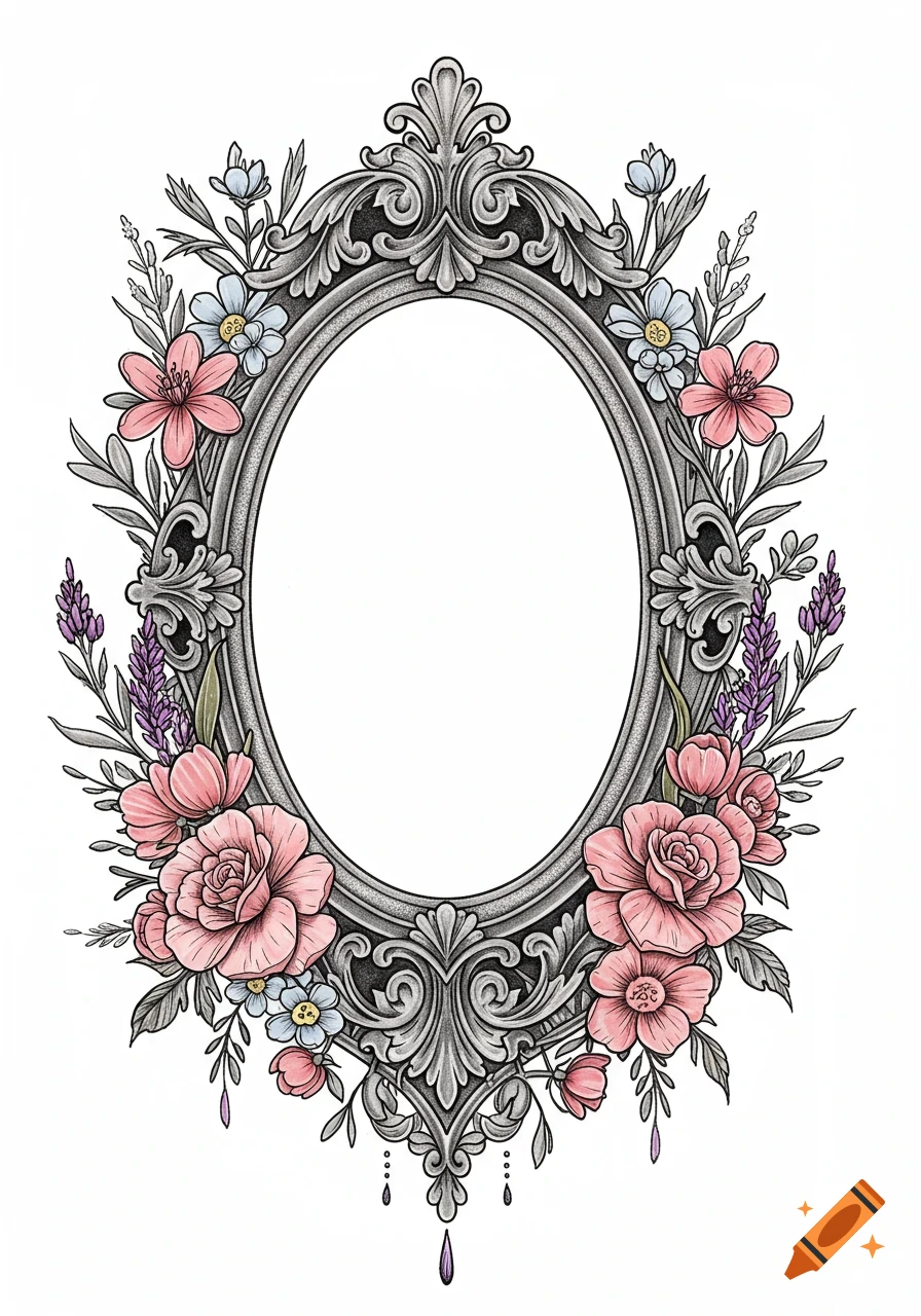 A black and gray ornate oval frame surrounded by pink, blue, and purple flowers and green leaves in an illustration style.