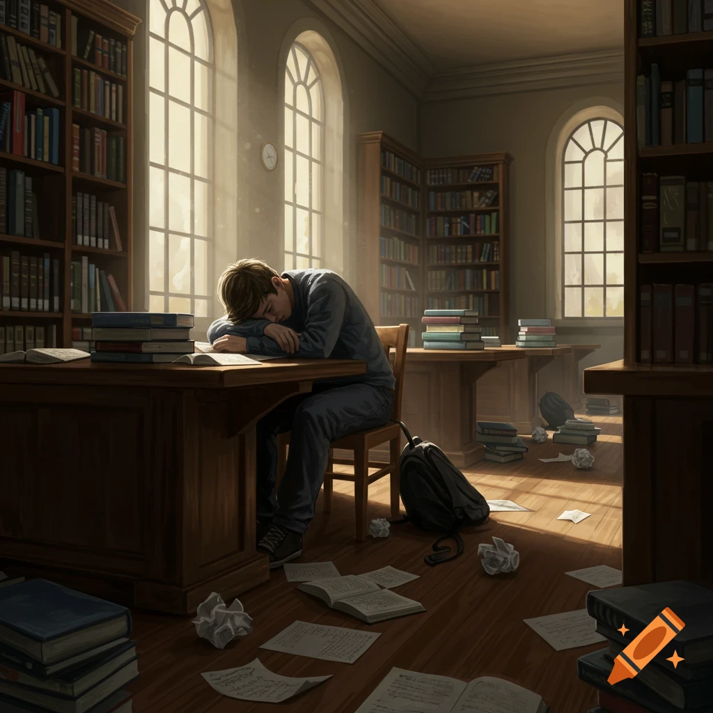 A tired student sleeps with their head on a wooden desk in a sunlit library surrounded by bookshelves and scattered papers.