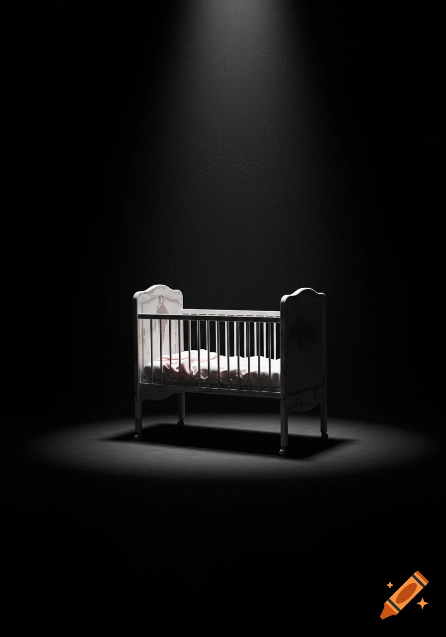 A white baby crib with pink bedding sits in the center of an empty, dark room, illuminated by a single spotlight from above.