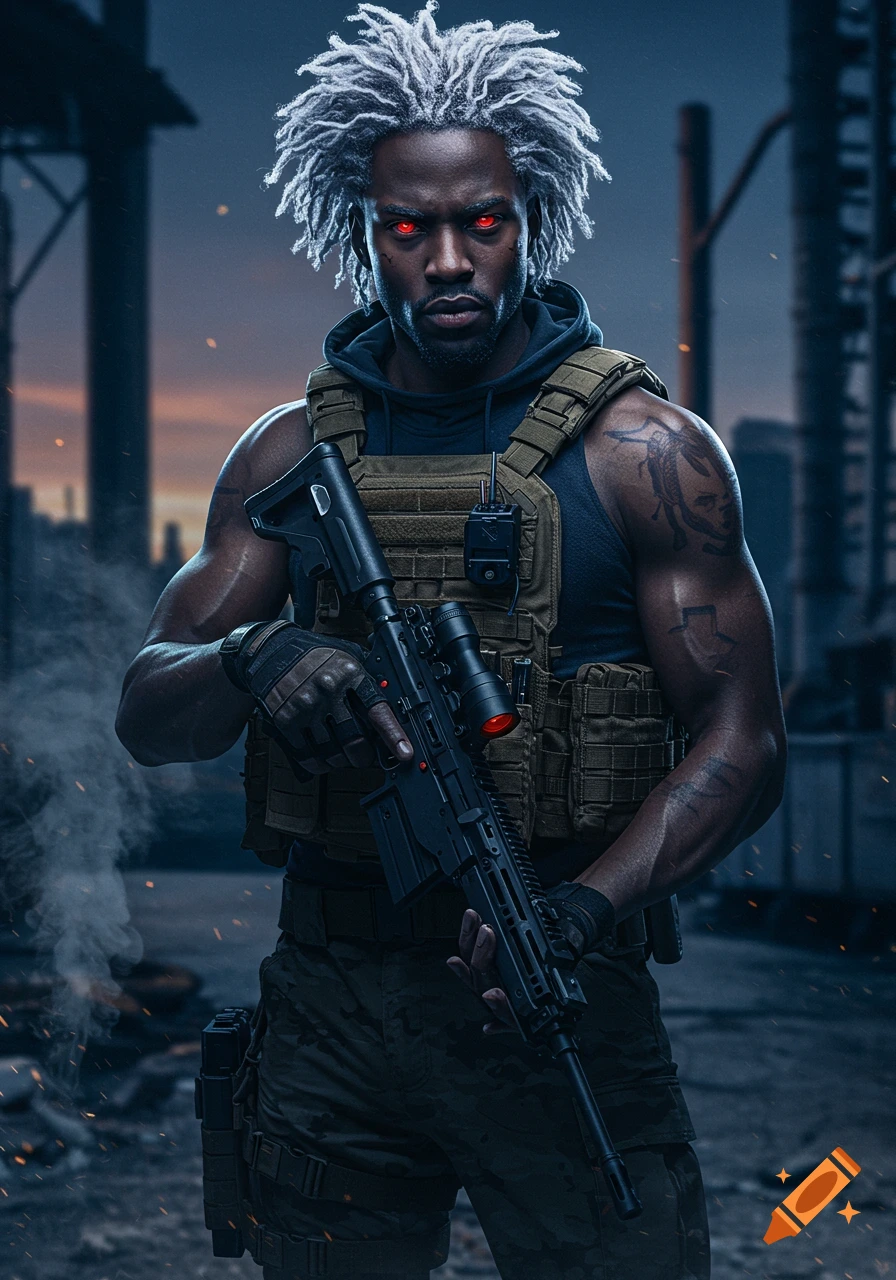 Photorealistic image of a man with white dreadlocks, red eyes, wearing a tactical vest and holding a rifle in an urban setting.
