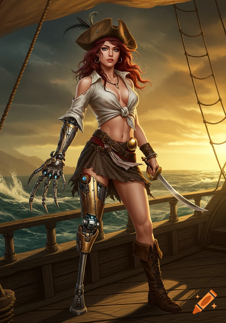 A red-haired female pirate with a cyborg arm and leg stands on a ship deck at sunset, holding a sword.