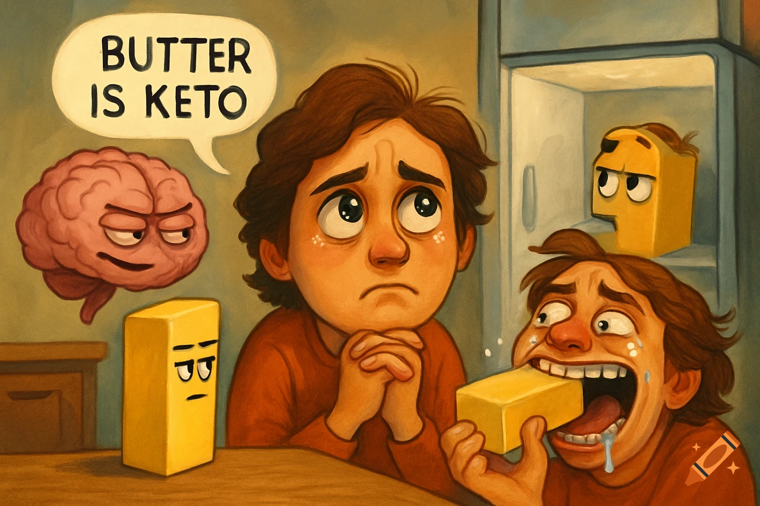 A cartoon illustration shows a person looking anxious while their brain, depicted as a character, suggests "BUTTER IS KETO" in a thought bubble. Another version of the person greedily eats a stick of butter, crying tears of joy, while anthropomorphic sticks of butter look on with disapproval.