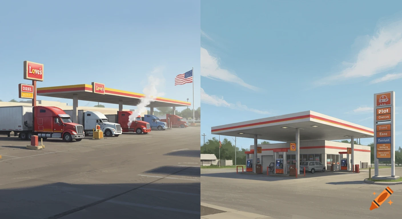 A side-by-side comparison of a Love's truck stop with semi-trucks on the left, and a regular Plot gas station with a car on the right, under a clear sky.
