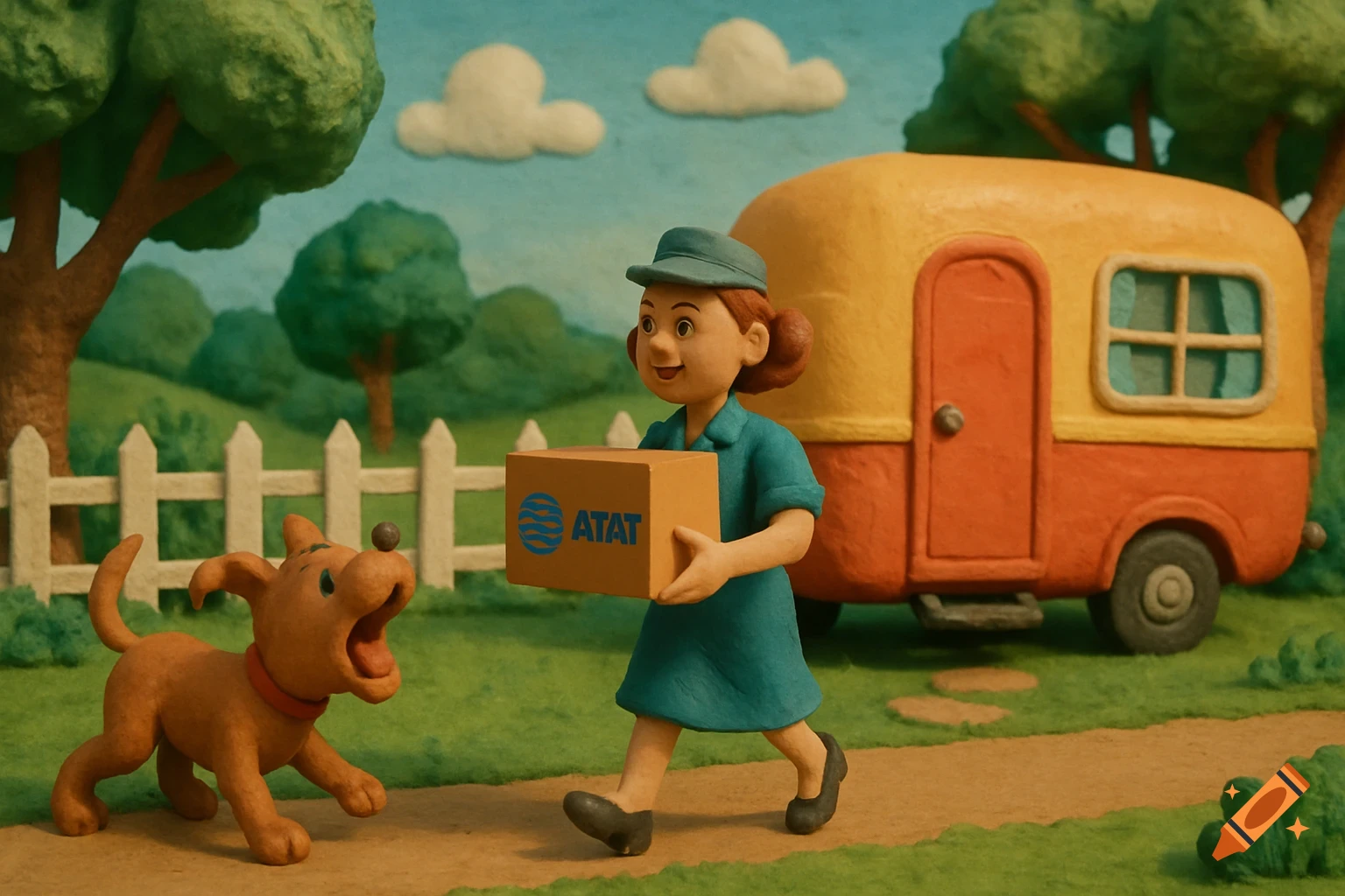 Claymation scene of a woman in uniform holding an AT&T box, walking towards a trailer home as a dog barks.