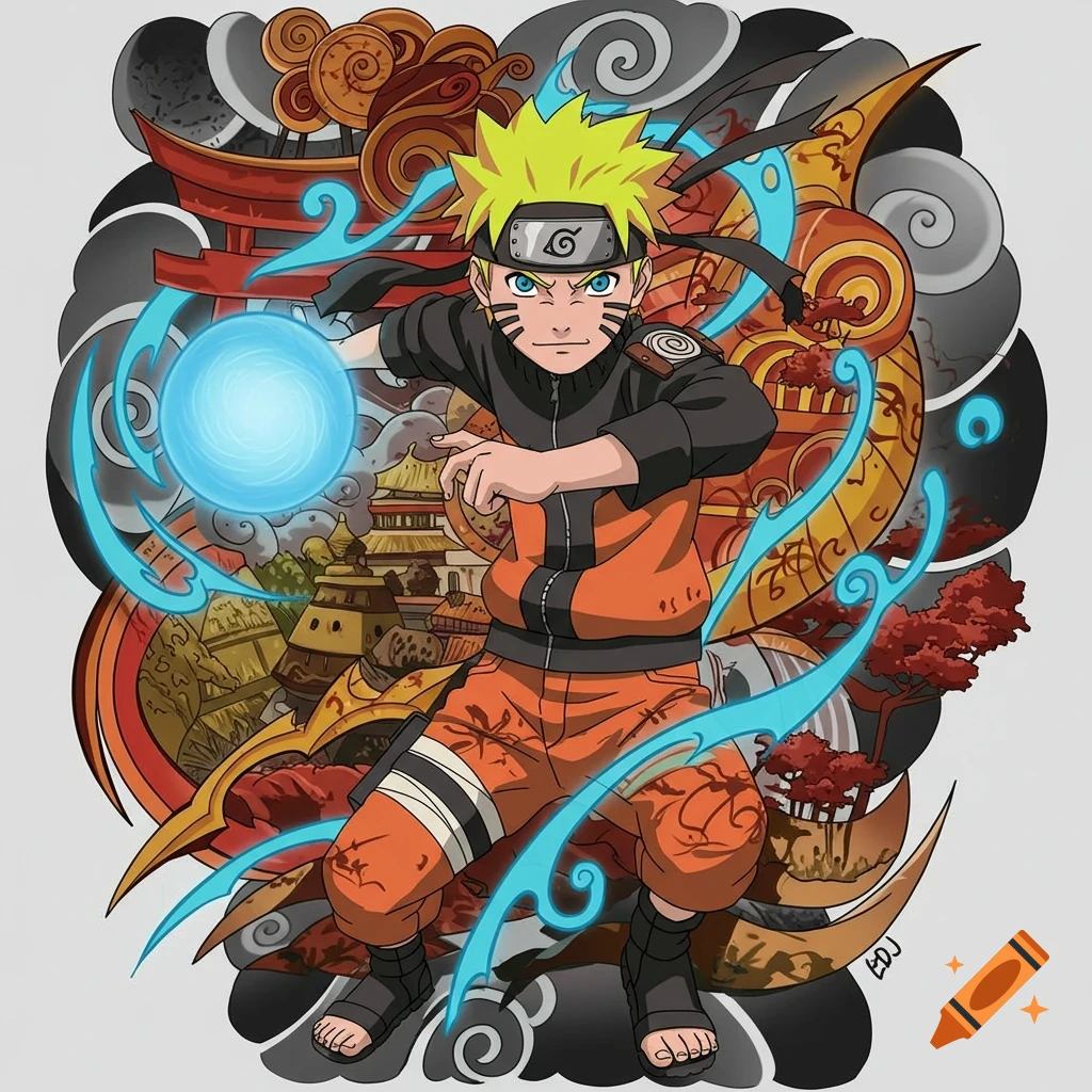 Naruto Uzumaki in his signature orange and black outfit, wielding a glowing blue Rasengan, surrounded by a stylized red and grey background resembling a traditional Japanese tattoo.