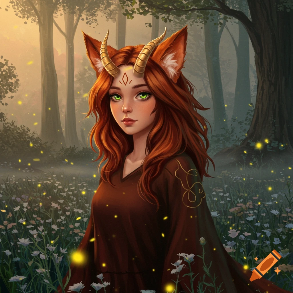 A fantasy digital art portrait of a girl with long red hair, fox ears, and golden horns, standing in a magical forest with glowing fireflies.