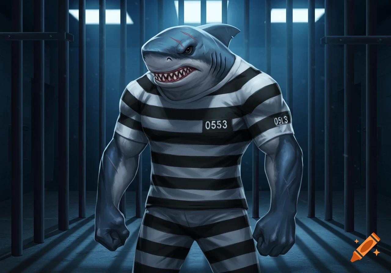A stylized illustration of a muscular, humanized shark with a mean expression, wearing a striped prisoner's uniform with numbers "0553" and "05L3", standing in a dimly lit jail cell.