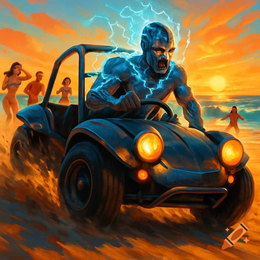 Electrified blue man drives a dune buggy on a sandy beach at sunset, with beachgoers in the background.
