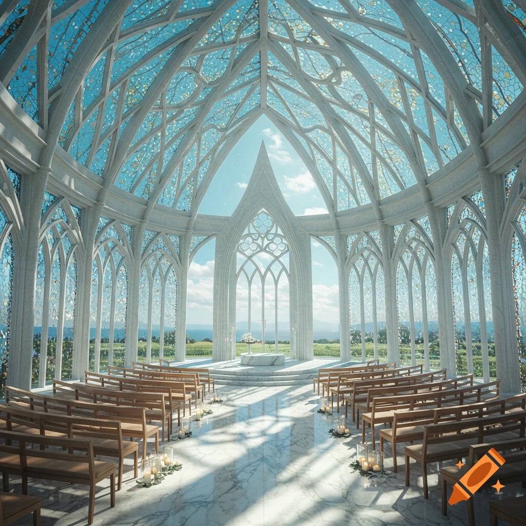 Photorealistic view inside a bright, modern wedding chapel with a glass domed ceiling, gothic architecture, and wooden pews.