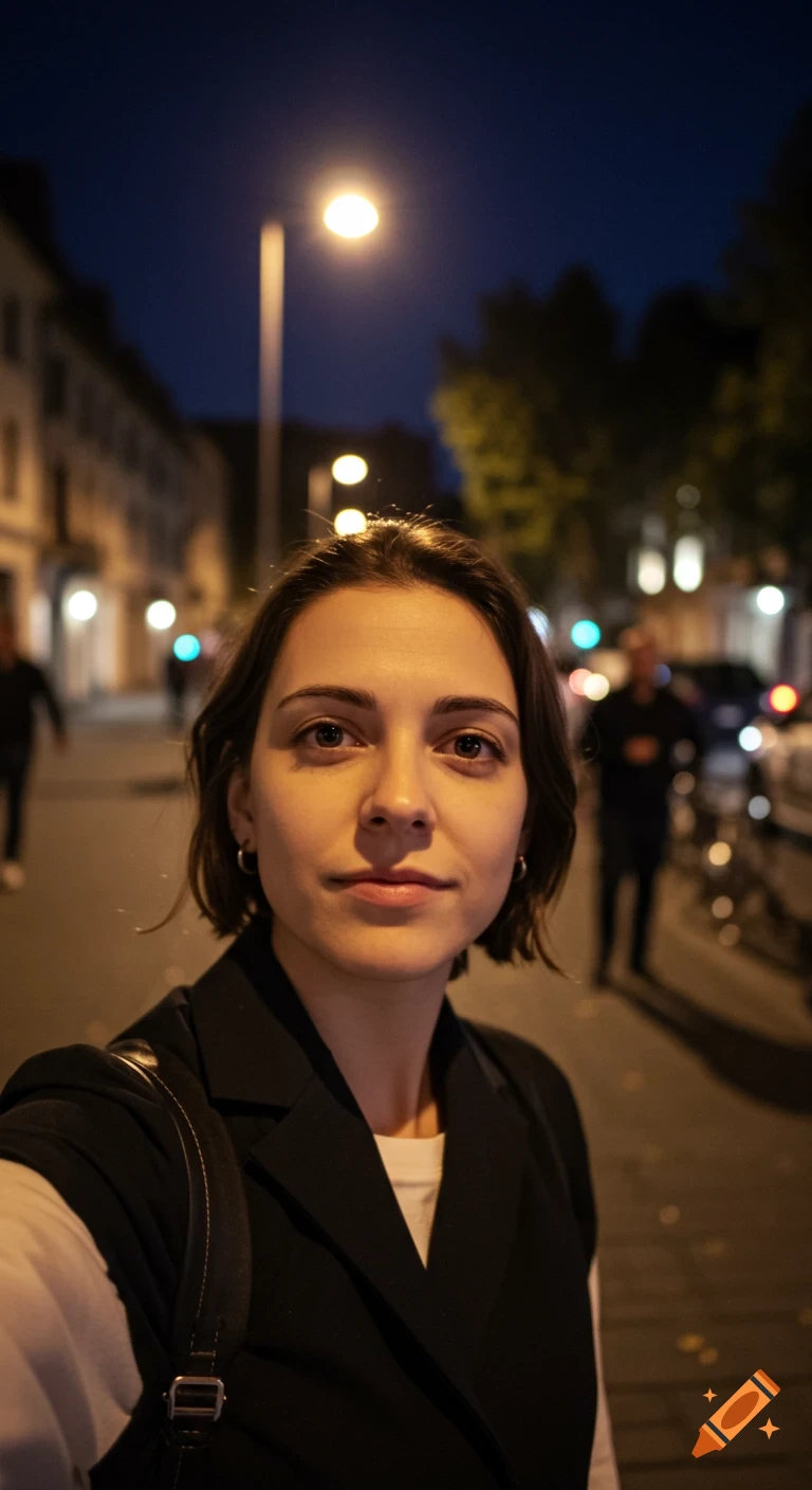 A young woman takes a selfie on a city street at night, illuminated by streetlights.