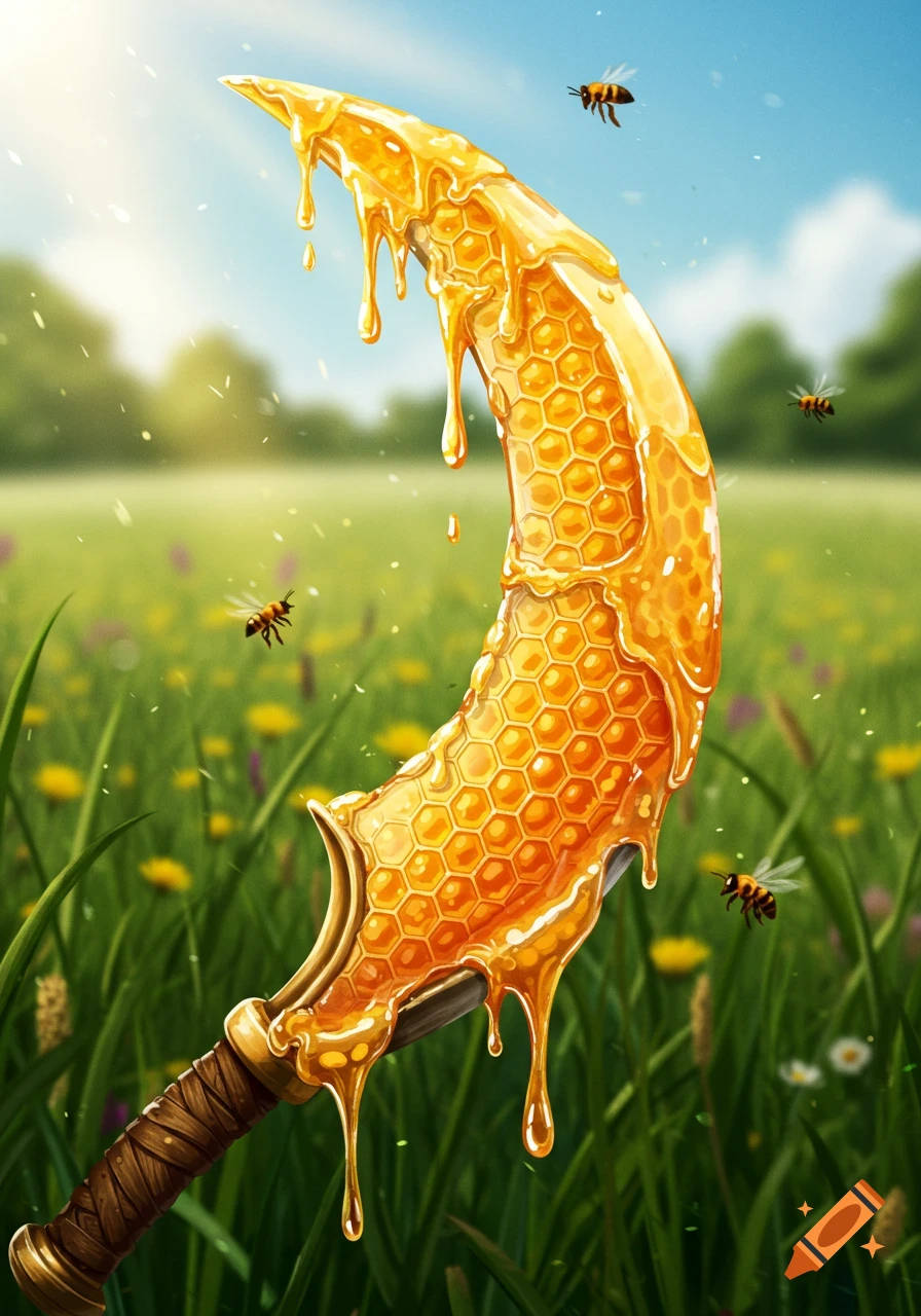 A golden khopesh blade made of honeycomb and dripping honey, standing upright in a grassy field with dandelions and flying bees under a bright sky.