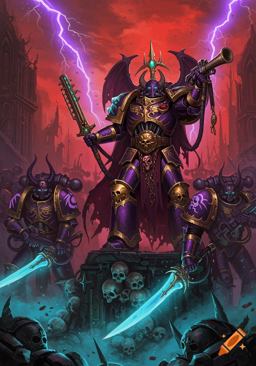 Three heavily armored, demonic figures, one with wings, stand amidst skulls and ruins under purple lightning.