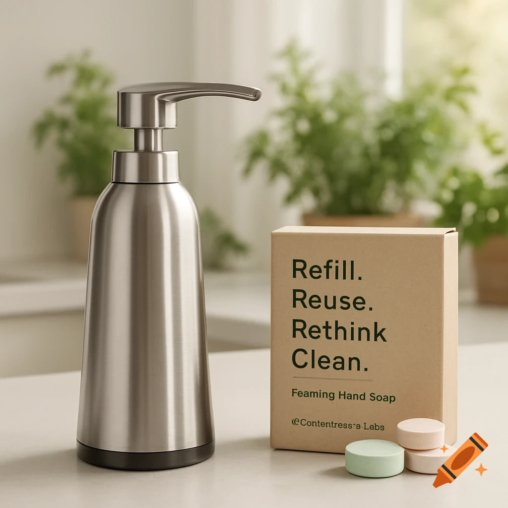 A sleek, modern stainless steel soap dispenser next to a brown box of 'Refill. Reuse. Rethink Clean.' foaming hand soap tablets in pastel colors on a minimalist countertop with plants in the background.