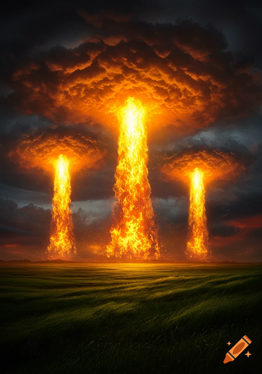Three colossal columns of vibrant orange fire erupt from a dark green field into a stormy, ominous sky, forming mushroom clouds.