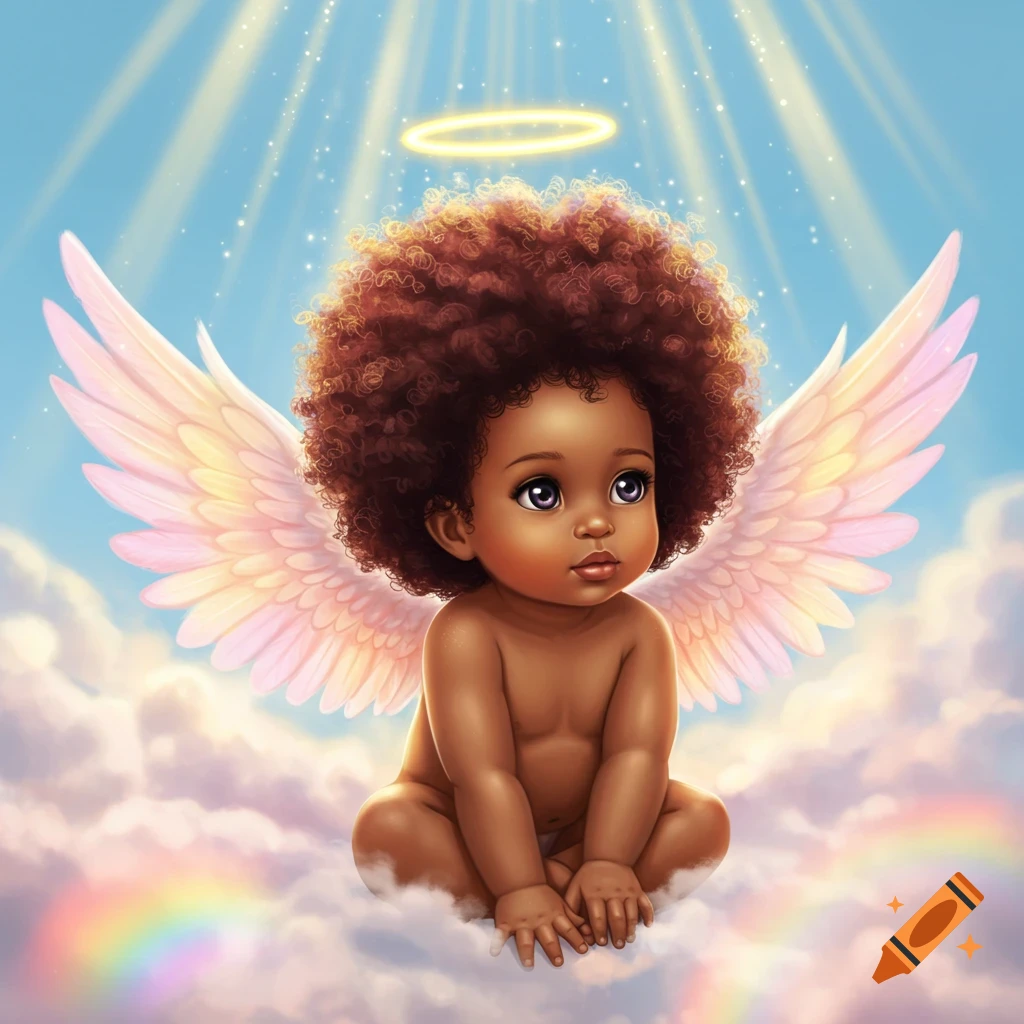 A cute dark-skinned baby angel with an afro, halo, and wings sits on soft  white and pink clouds under a blue sky with light rays and a rainbow. on  Craiyon, image size:1024x1024