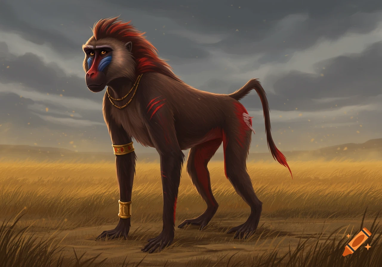A stylized illustration of a male baboon with red hair and markings, wearing gold jewelry, standing in a golden grassy field at dusk.