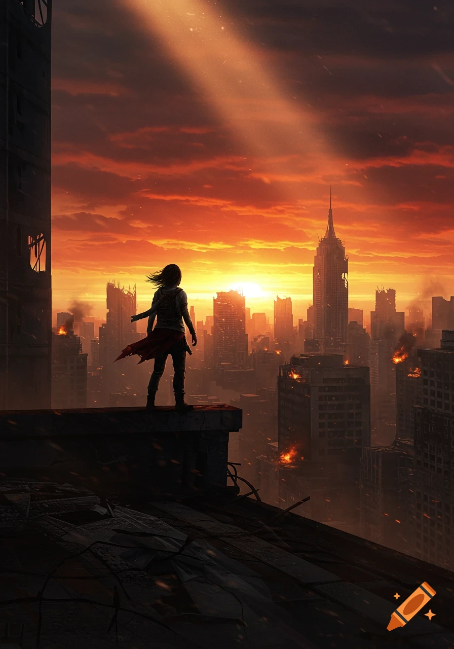 A lone figure stands on a rooftop overlooking a ruined, burning cityscape at sunset, with a beam of light from the sky. Digital art.
