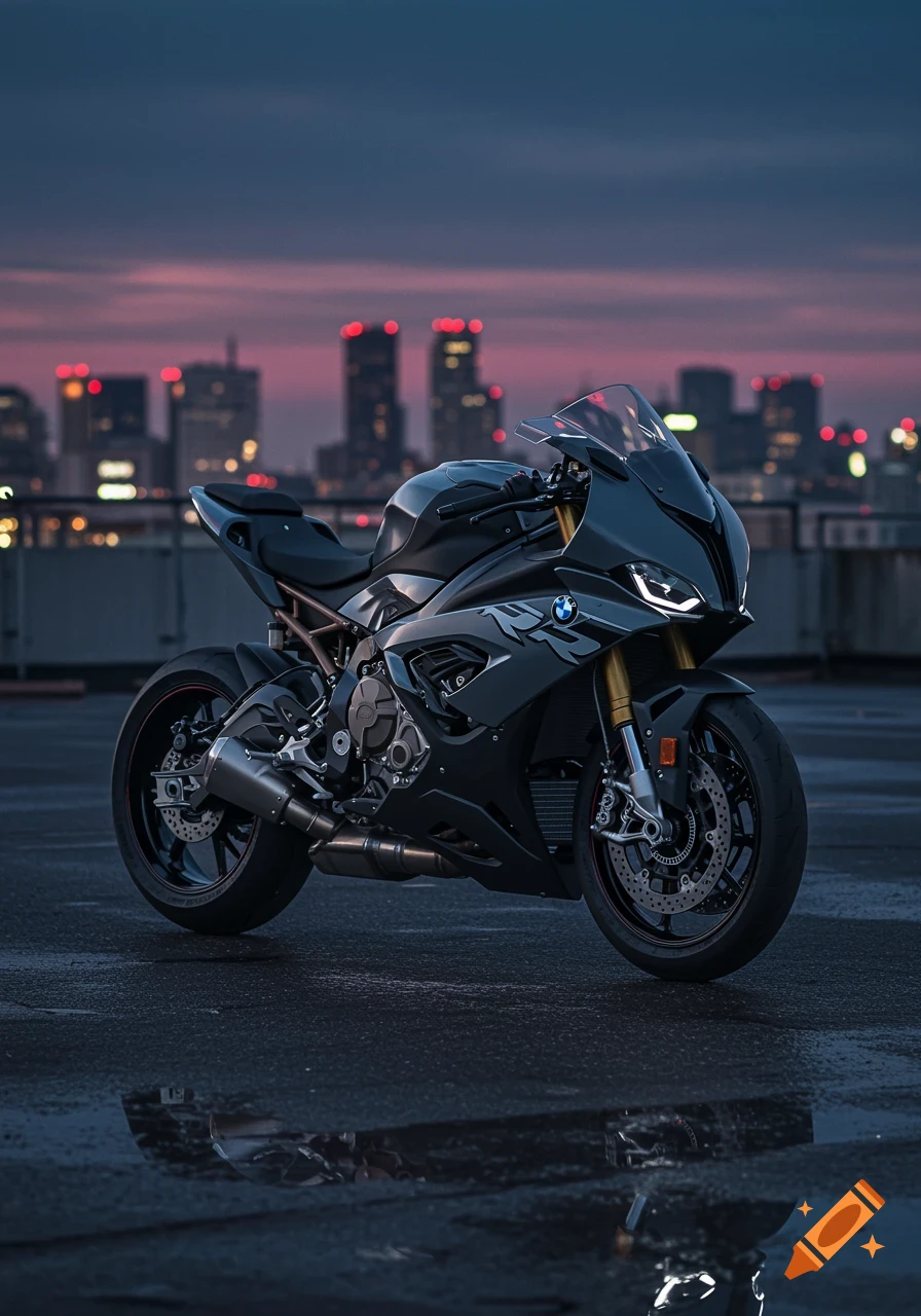 A dark gray BMW S1000RR motorcycle parked on a wet rooftop at dusk, with a blurry city skyline in the background.