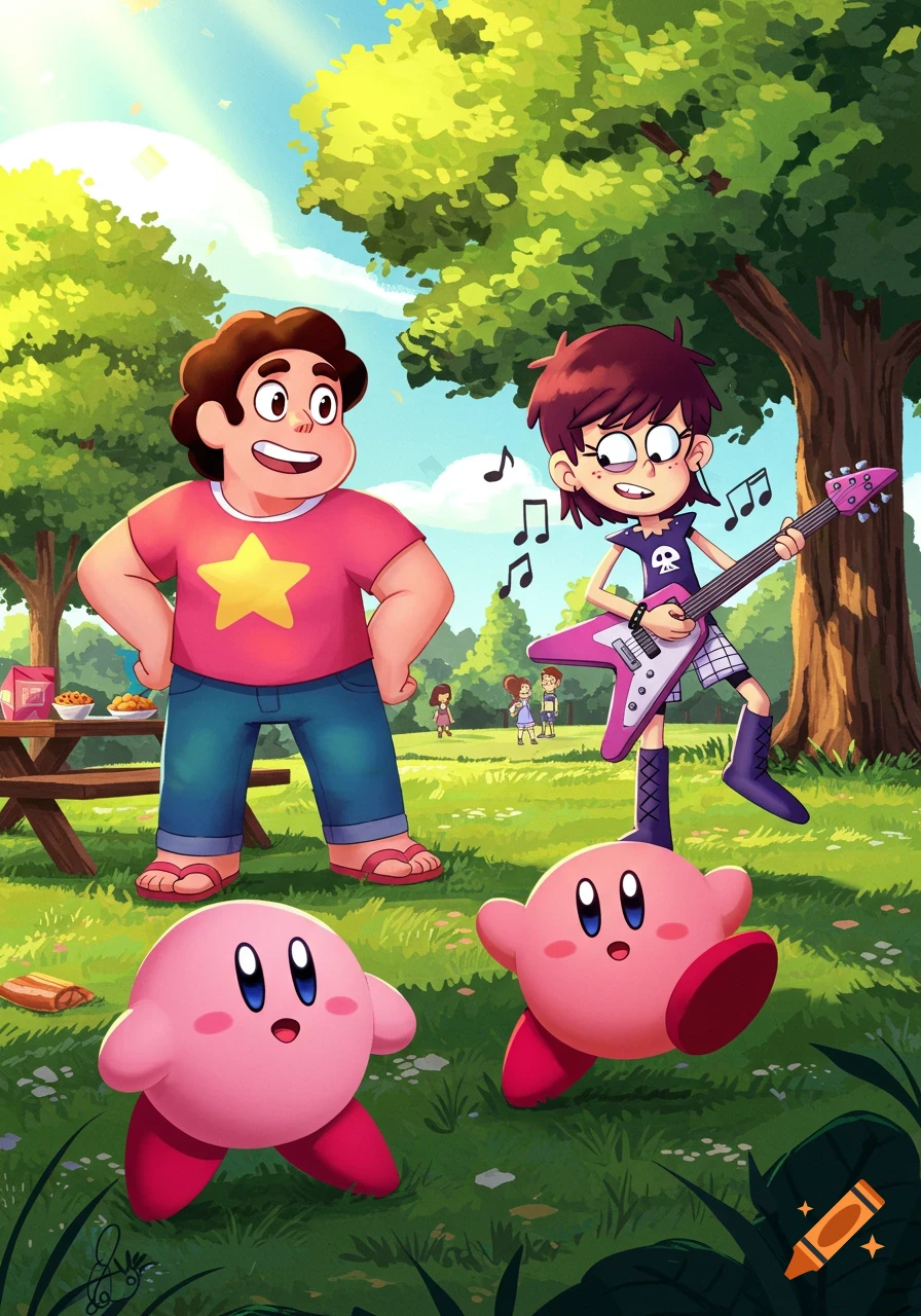 Steven Universe and Luna Loud play guitar while two Kirby characters bounce on a vibrant, grassy park.