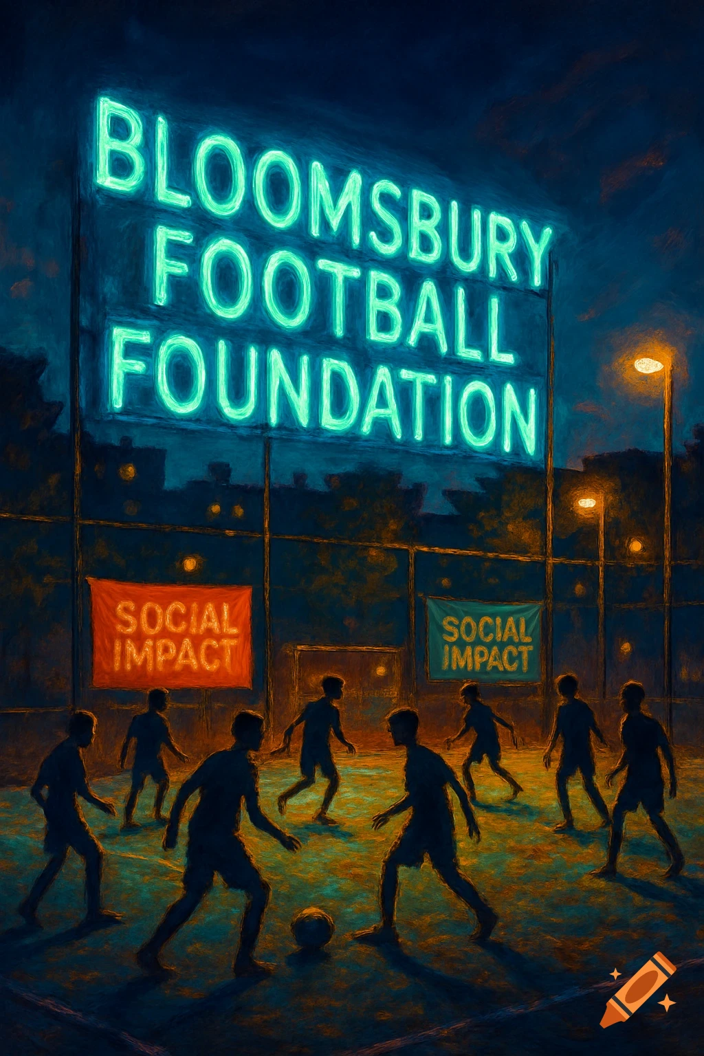 Painterly image of silhouetted football players on a field at night, beneath a bright neon sign reading 'BLOOMSBURY FOOTBALL FOUNDATION' and banners saying 'SOCIAL IMPACT'.