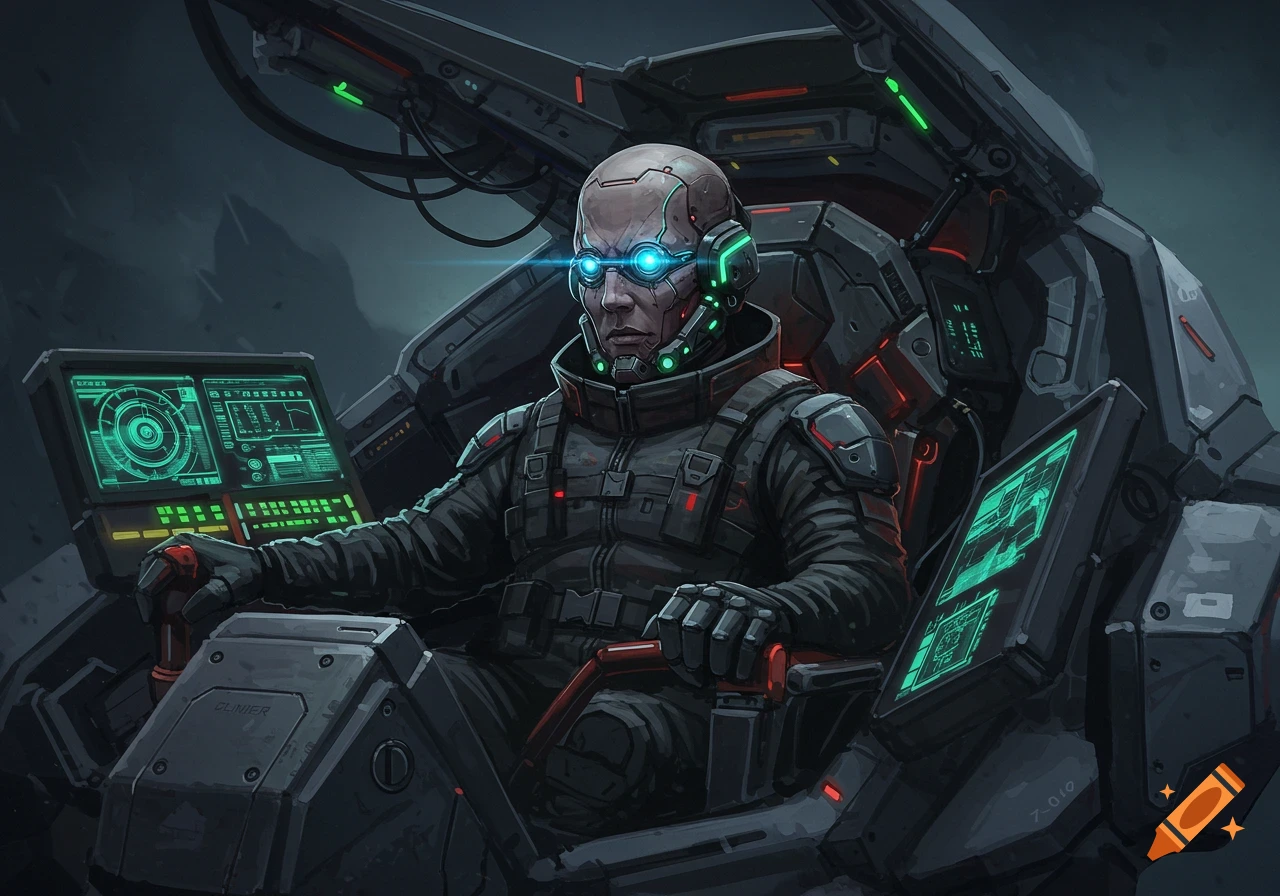 A cyber soldier or mech pilot with glowing blue cybernetic eyes and green glowing headphones sits in a detailed futuristic cockpit with neon green screens.