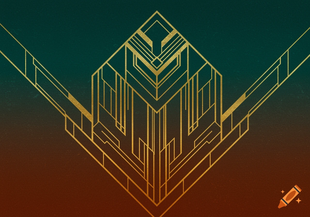 A gold Art Deco pattern on a teal to burnt orange gradient background.