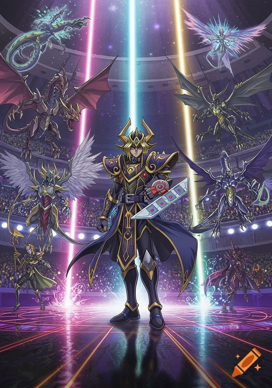 An anime illustration of a character in armor with a duel disk, surrounded by fantasy dragons and monsters in a stadium.