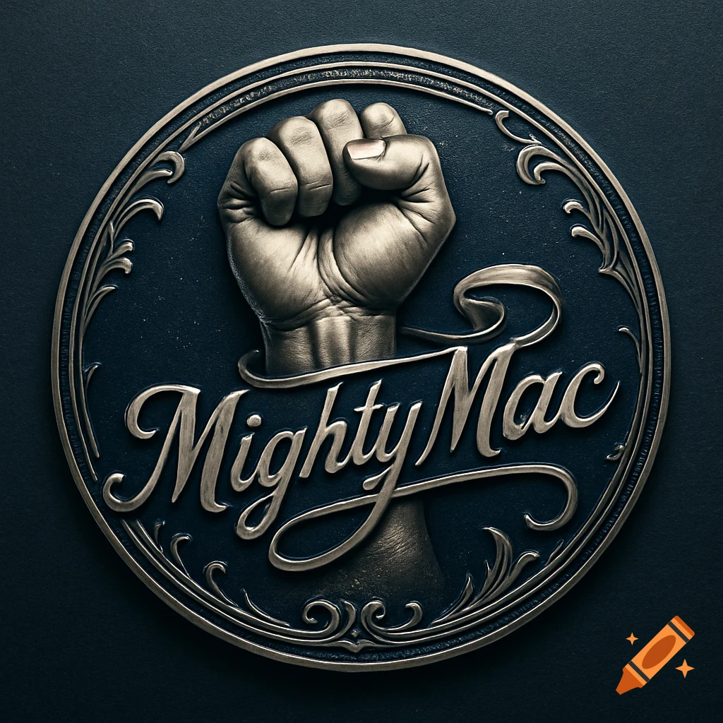 A metallic, circular badge featuring a raised fist and the words 'Mighty Mac' in script font, surrounded by ornate vintage patterns.