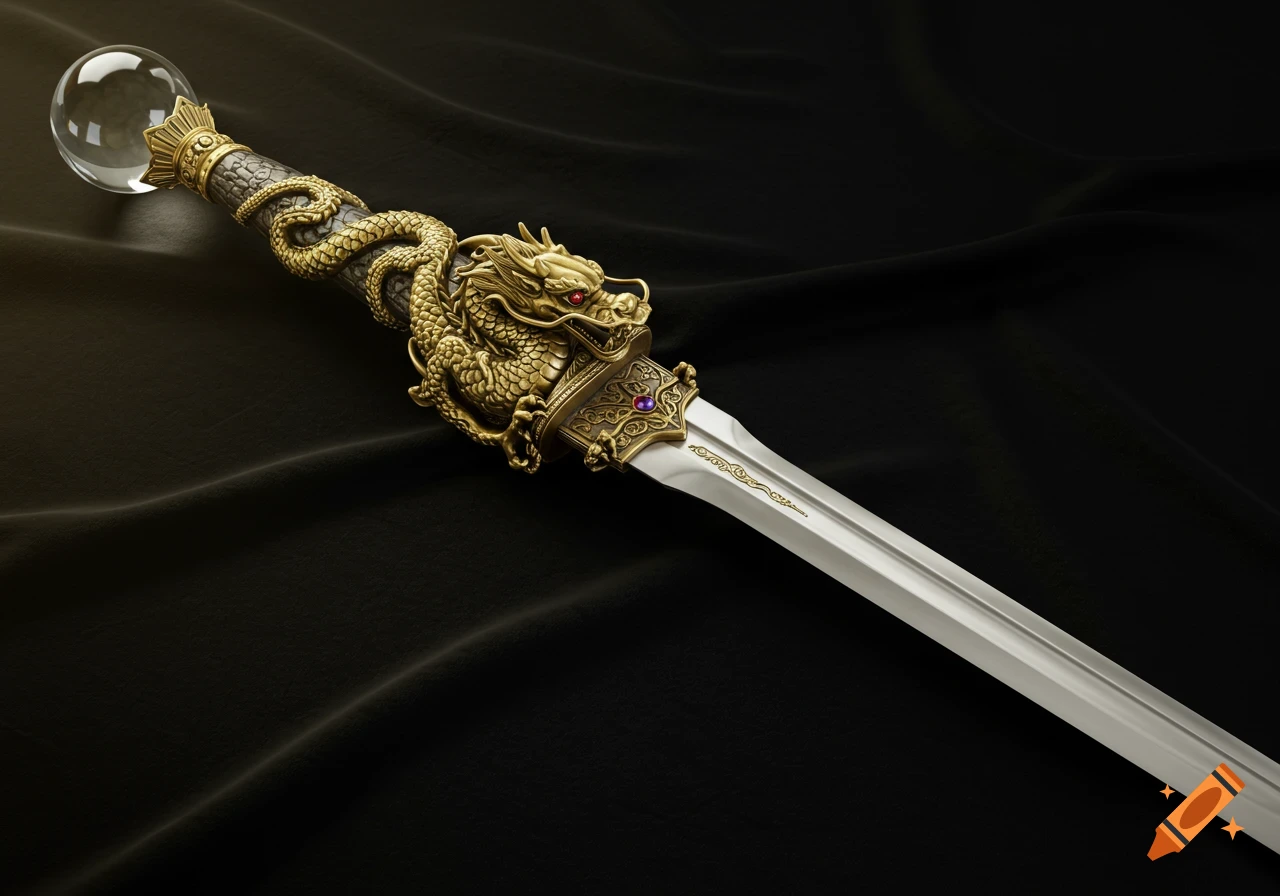 A detailed long sword with a golden dragon hilt and a clear sphere pommel on a dark draped background.